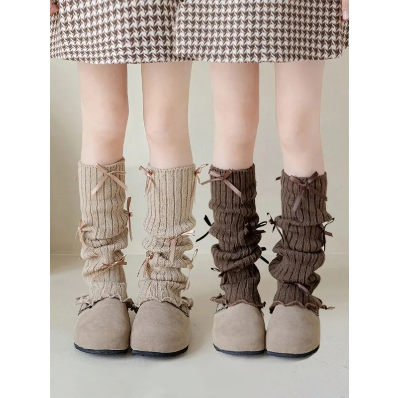 2 Pairs Baby Girls Leg Warmers with Cute Bows Fashionable Soft Knitted Toddler Leg Covers Daily Wear for Ages 3-8 Kids