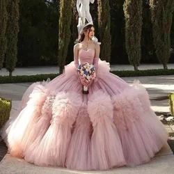 Pink Charro Quinceanera Dresses Ball Gown Sweetheart Tulle Ruffled Puffy Mexican Sweet 16 Dresses 15 Anos Customized