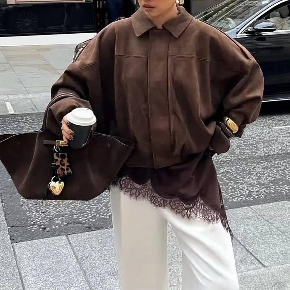 Women Brown Green Suede Jacket Loose Casual Bomber Coat Lapel Zipper Long Sleeve Jackets Vintage Lady Motorcycle Outwears