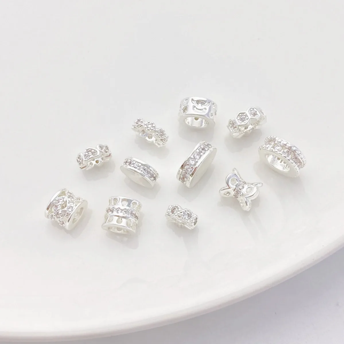 Thick Silver Plated Strong Color Retention Zircon Inlaid Heart Flower Tube Loose Spacer Beads DIY Bracelet Necklace Findings