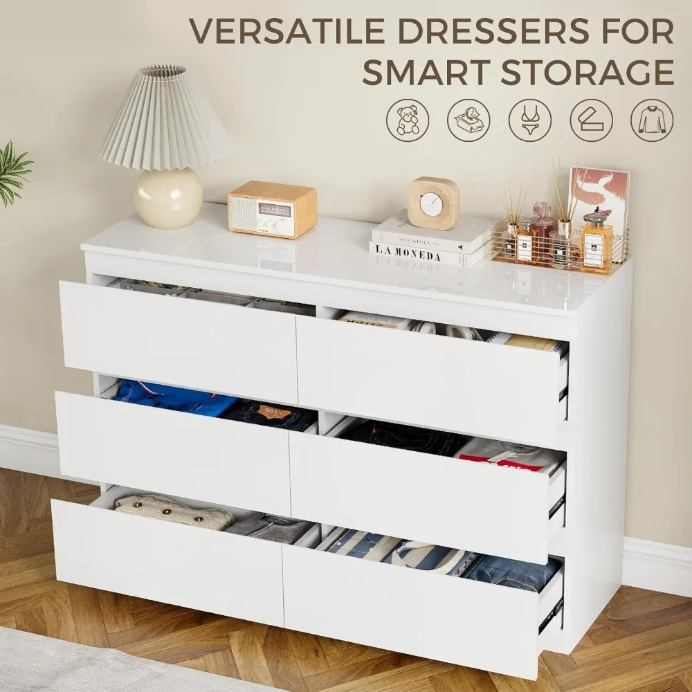 

White Wood Dresser, 6 Drawer Dressers for Clothes Storage for Bedroom, Modern Dresser with Wide Drawers, Customized