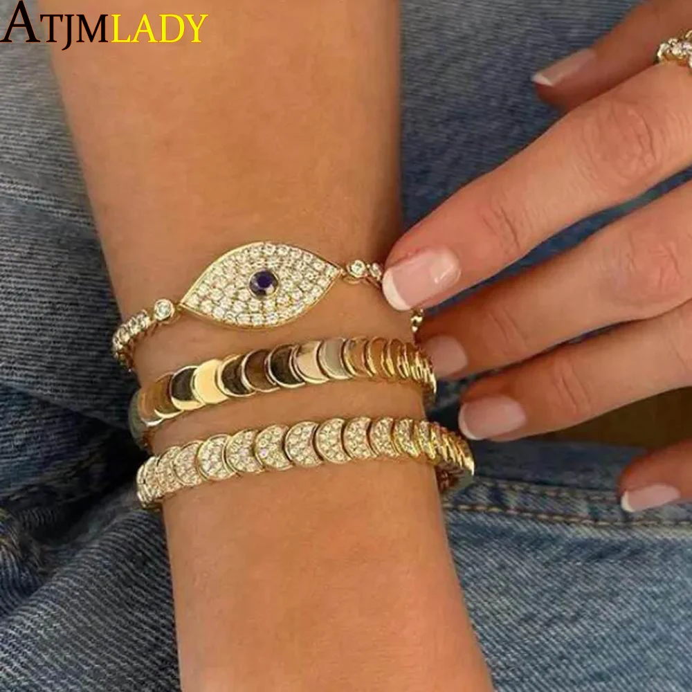 

2025 New Gold Color Micro Pave CZ Bling Moon Charm Shaped Chain Bracelet High Polished Fashion European Women Girl Jewelry