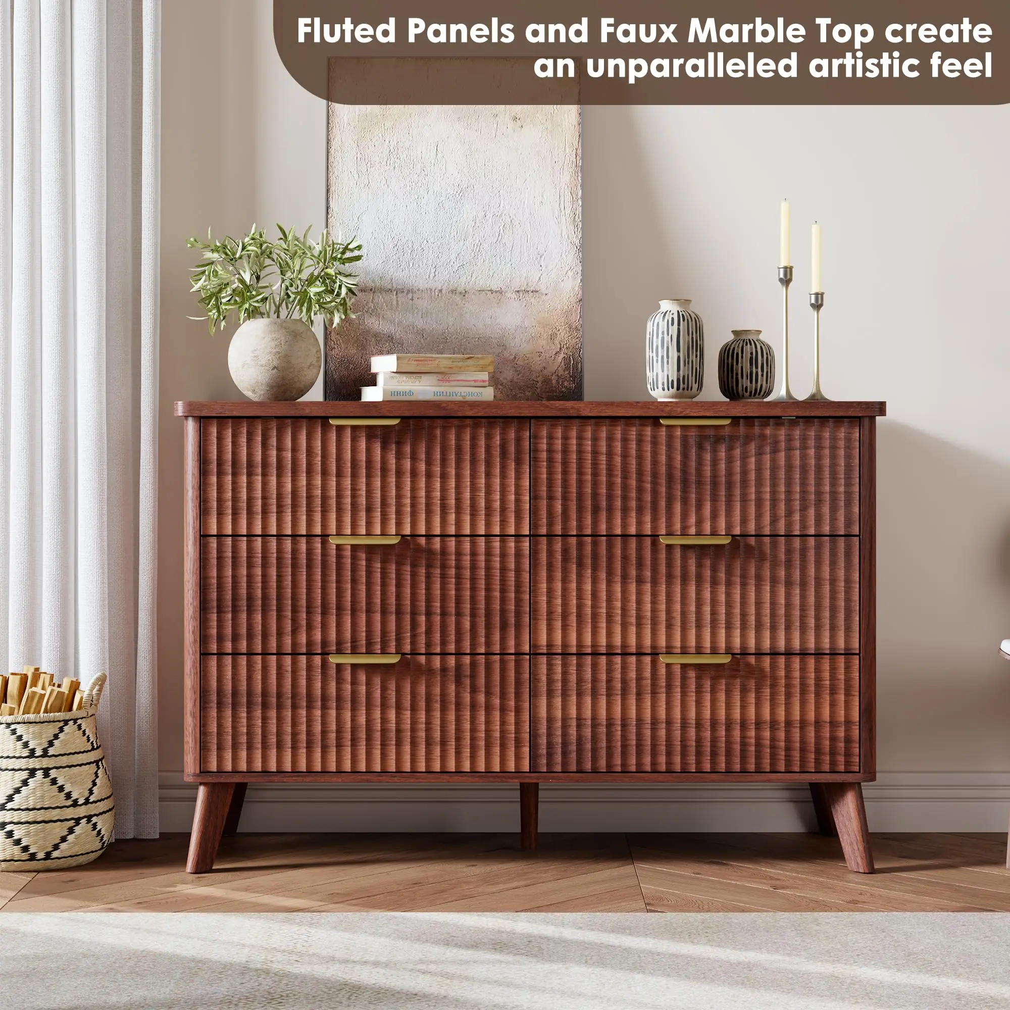 Modern Fluted Chest of Drawers with 6 Deep Drawers - 120cm Wide, Elegant Design, Sturdy Wooden Structure - Plenty of Storage for Bedroom, Living Room, Children's Room or Hallway - Variants: Walnut/Oak/Black