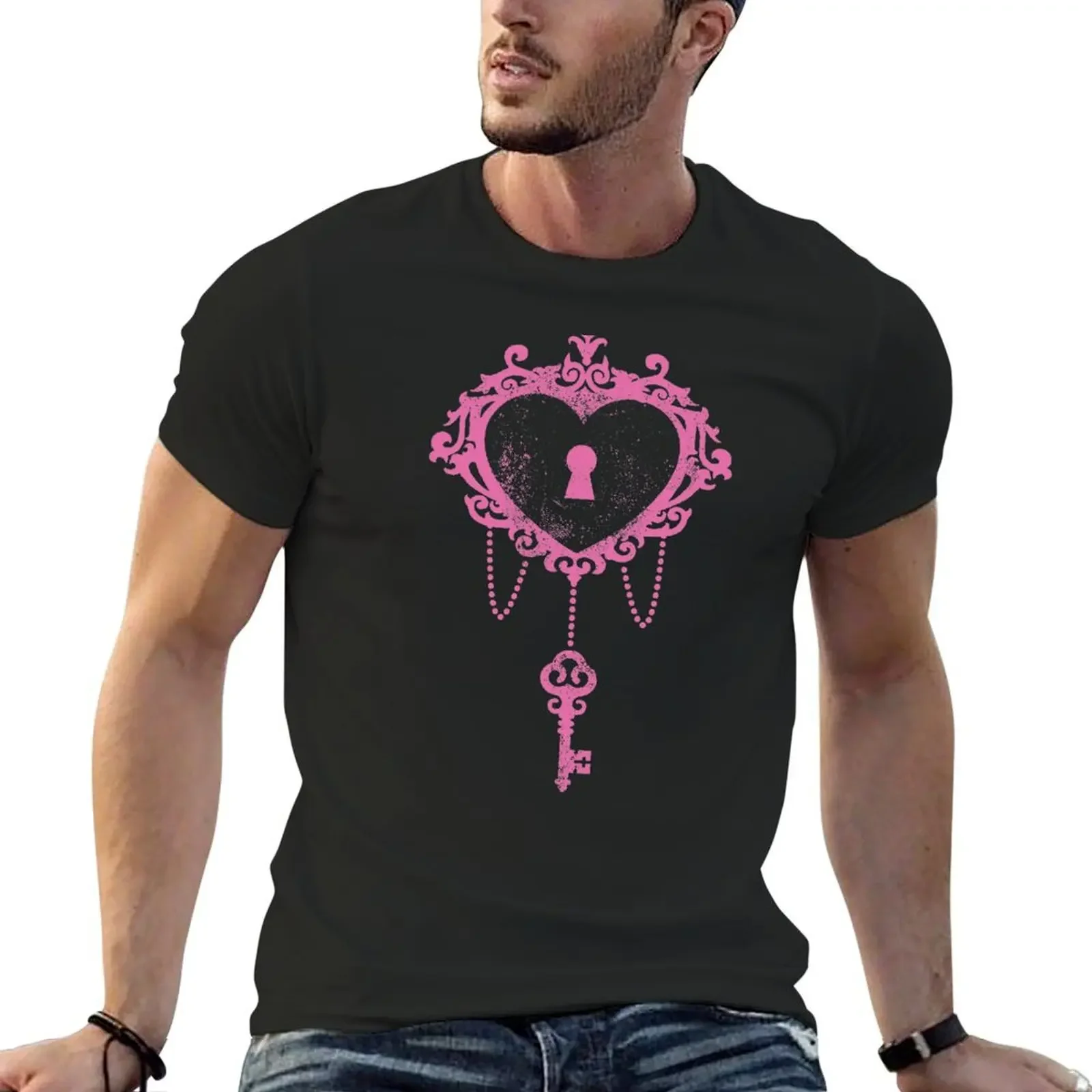 Pink Heart Shaped Lock And Key T-Shirt animal prinfor boys Short sleeve tee baggy shirts mens funny t shirts