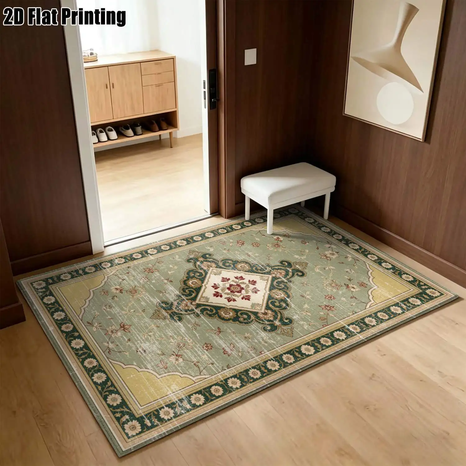 1Pc 2D Printed Retro Green Floral Carpet, Home Decor, Multi-Size, Machine Washable, Multi-Scene Use