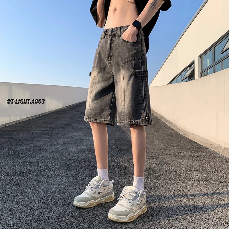 

Summer Thin Five-Point Men's Denim orts High Street Sle Casual Sports Loose Fit Teenager Jeans ort Pants Retro American