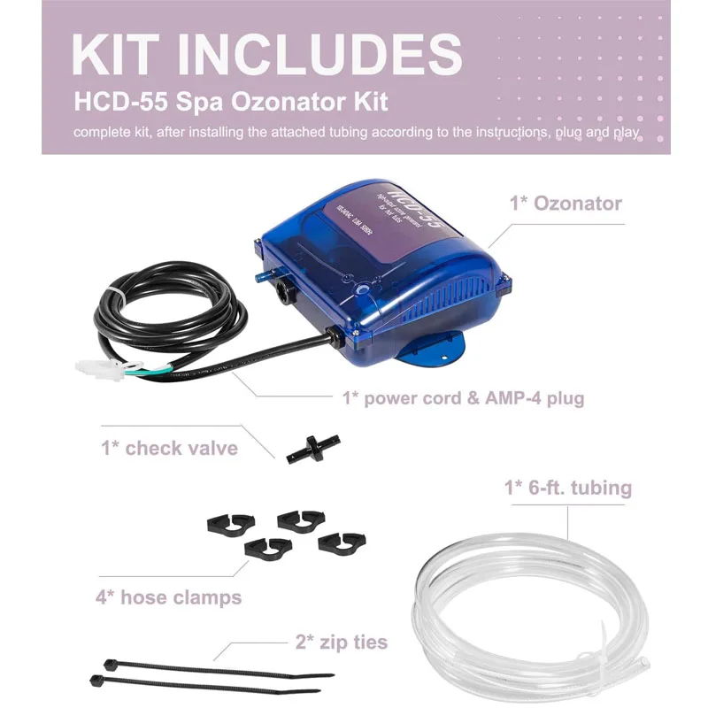 

HCD-55 Spa Ozonator Kit Hi-Output Ozone Generator for All Hot Tubs & Swim Spas Up to 1500 Gallons - Universal: 120V / 240V