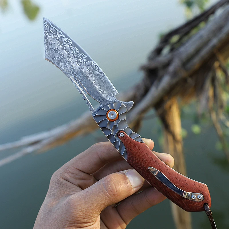Faca de bolso de aço damasco de alta qualidade, faca dobrável de caça de aventura, faca de bolso de acampamento de montanhismo EDC com bainha