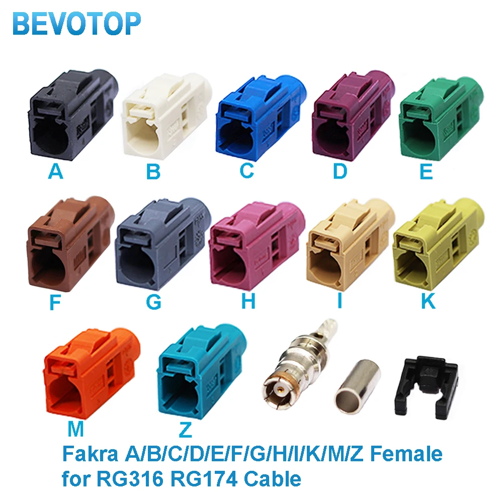 10PCS/Lot Fakra A/B/C/D/E/F/G/H/I/K/M/Z Female Jack RF Coaxial Wire Connectors for RG316 / RG174 Pigtail Cable BEVOTOP