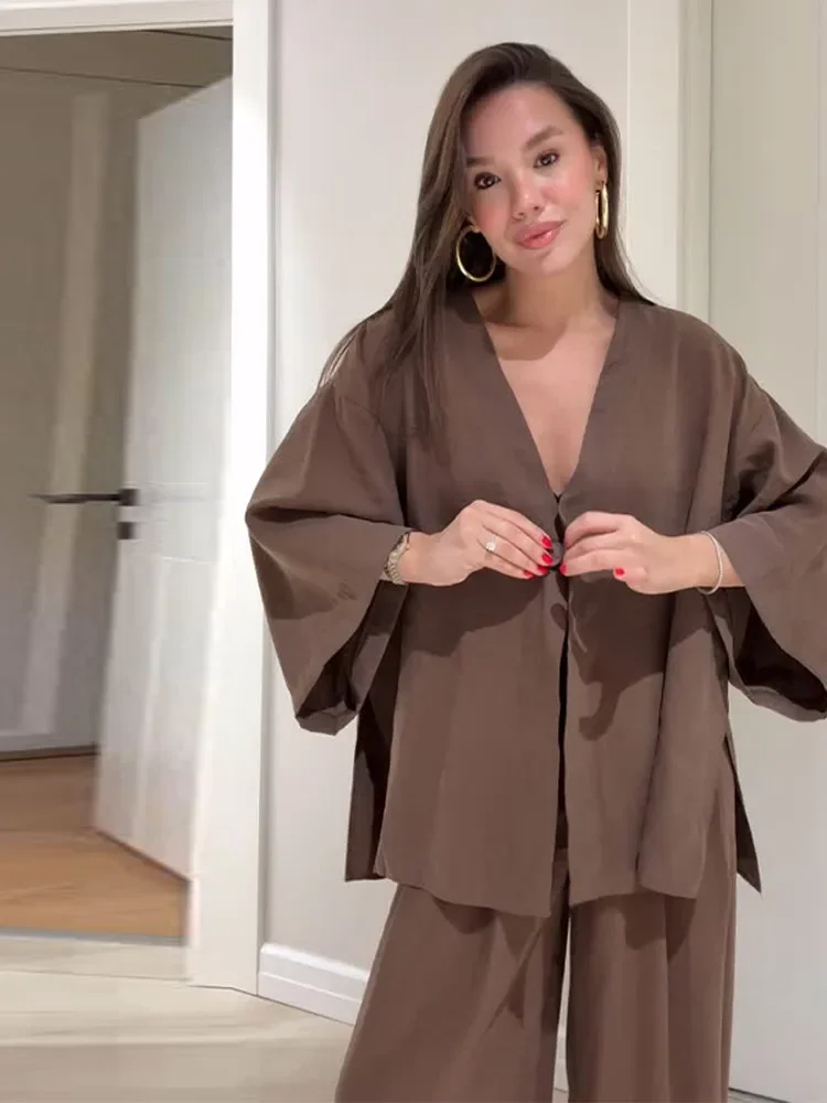 

Casual Solid Cotton Linen Pants Suits Women Half Sleeve V Neck One Button Loose Top 2 Piece Set Female 2025 Daily Street Outfits