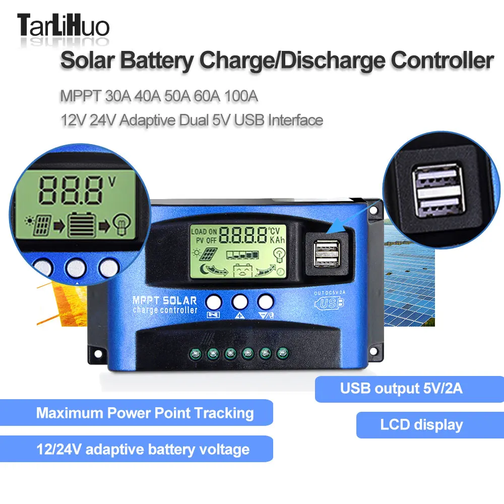 

Solar Controller Battery Charge/Discharge PV Power Regulator 2 USB Auto 12V/24V 30A 40A 50A 60A 100A Solar Charge Control System