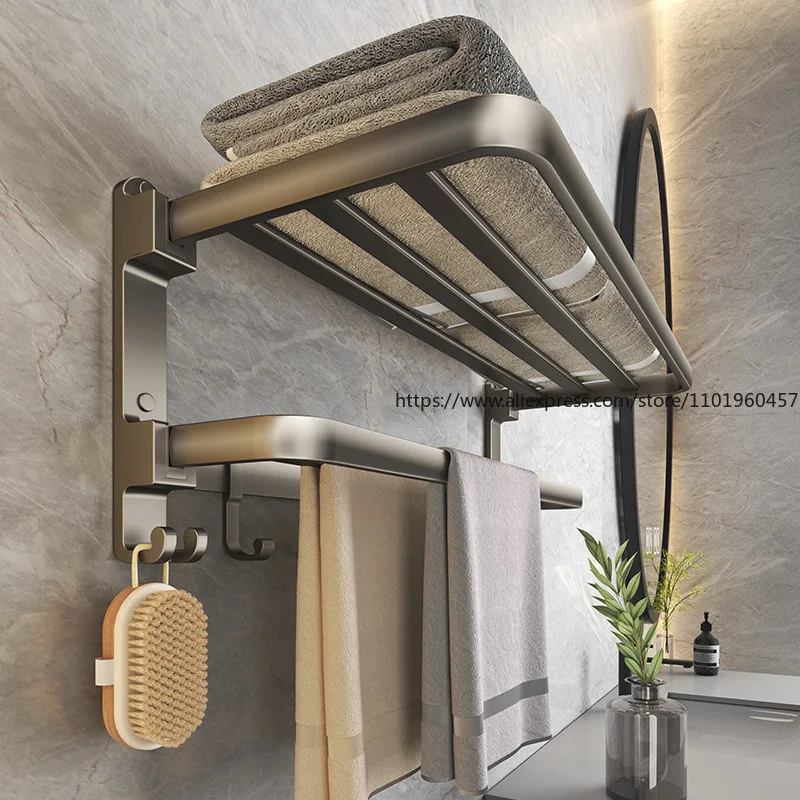 Space Aluminum Towel Holder Non-punching Folding Bathroom Toilet Gun Gray Towel Holder Wall Hanging Toilet Double Layer