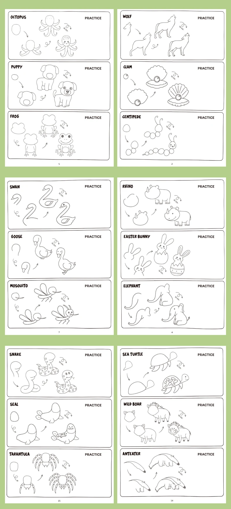 Lustiges Aktivitäts-Zeichenbuch, Tiere, Essen, Alltag, Thema, 4 Stufen, um Zeichnen zu erlernen, Malbuch 96 niedliche Muster – Detail 1