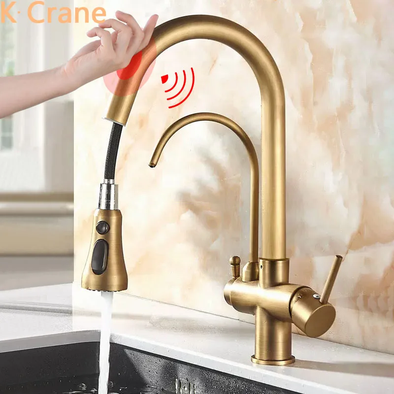 

Kitchen Sink Touch Sensor Faucet Deck Mount Pull Down Hot Cold Mixer Crane 360 Degree Rotation Brush Antique Gold Tap Torneiras