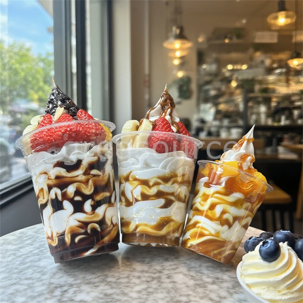 

Healthy Yogurt Ice Cream Swirl Model Chocolate Sauce Mango Caramel Banana Fruit Dessert Display Props 16OZ 8OZ Miniature Sweet