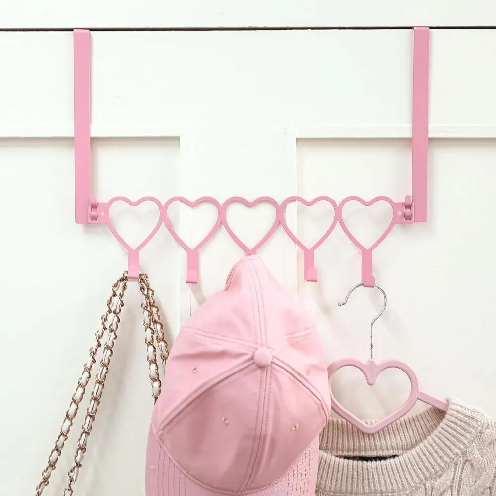 Iron Over the Door Hanger Heart Shape Pink Towel Rack Easy Install Easy to Use Heart Shaped Hooks Home Bedroom Bathroom