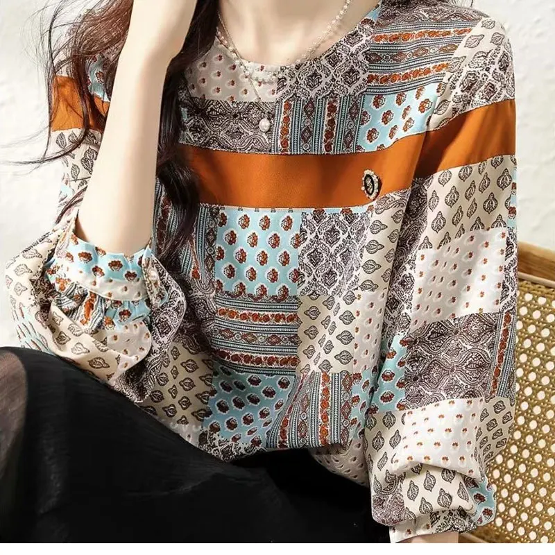 

Spring Autumn Vintage Printed Blouse Casual Loose Long Sleeve Chic Button Round Neck Patchwork Female Clothing 2022 New Shirt