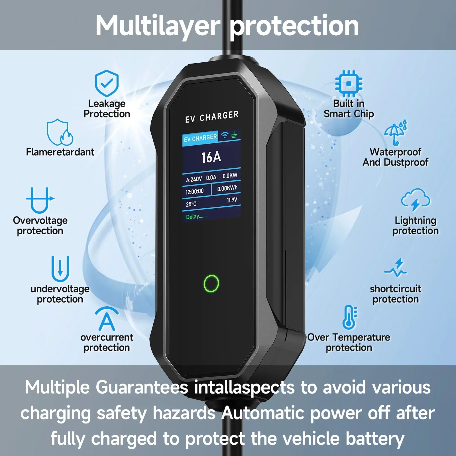 AFEEV Type 2 Portable EV Charger 11KW 16A 3Phase Wallbox IEC62196-2 EVSE Fast Charging Cable CEE Plug WIFI APP Bluetooth Control