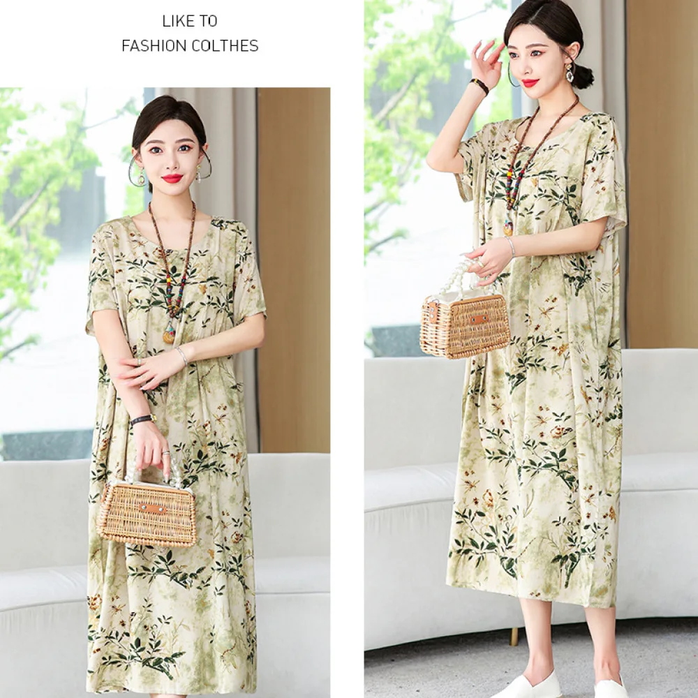 Plus Size Women Summer Dress Floral Loose Fit Maxi Dresses Cotton Blend Soft Breathable Casual Daily Elegant Holiday Gown