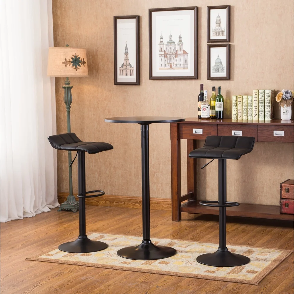 Bar Table Set with 2 Adjustable Swivel Stools Black Round Metal Dining Furniture Kitchen Home Pub