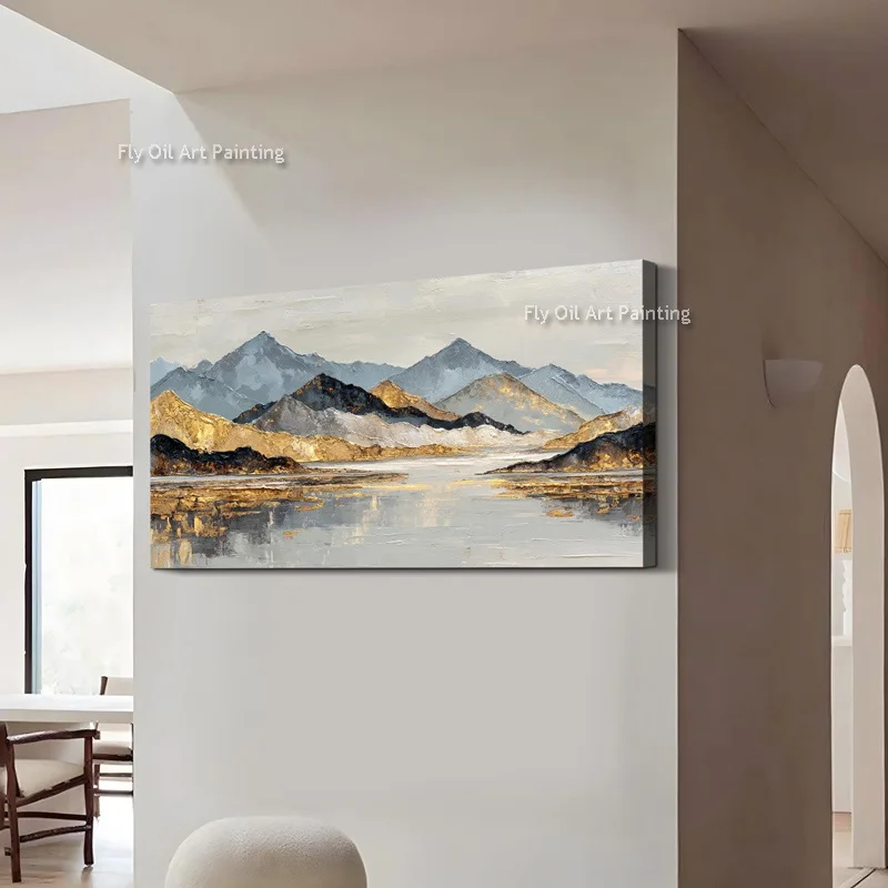 Handmade Canvas Wall Art Gold Foil Mountain Oil Painting Textured Landscape Horizontal Wall Decor For Living Room