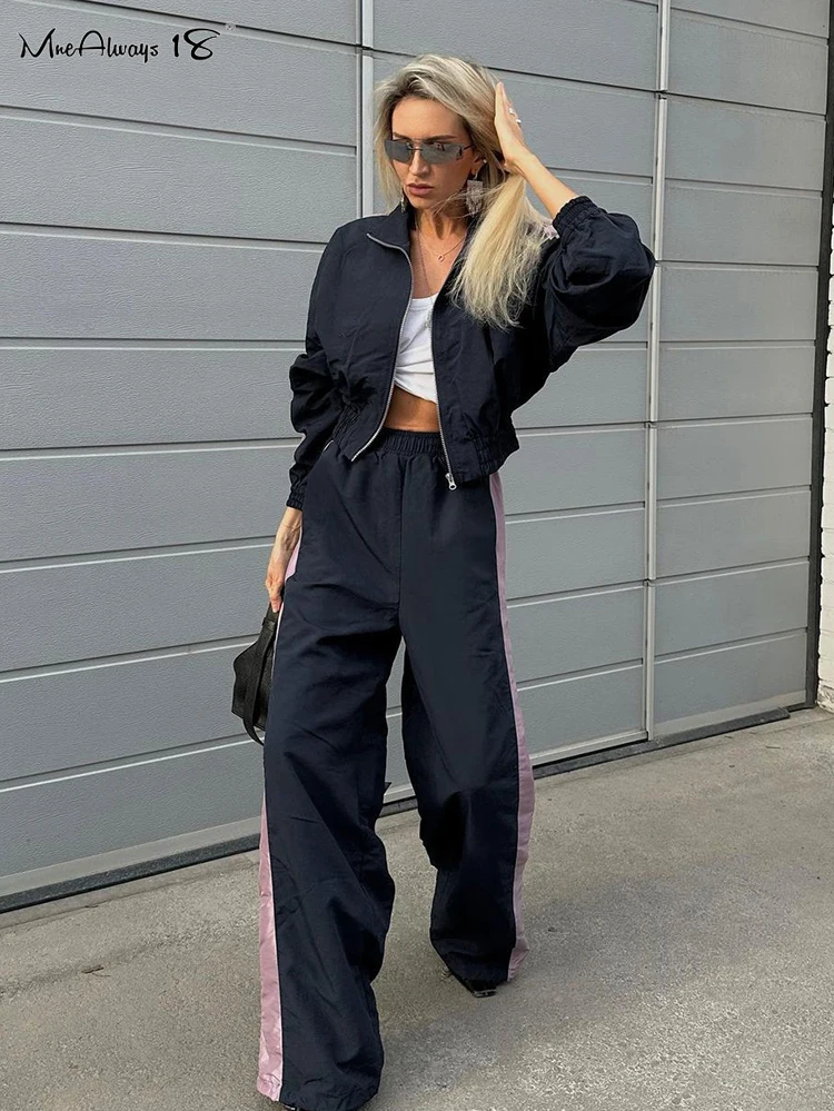 Mnealways18 Sporty Navy Patchwork Pants Sets Two Pieces Zipper Jackets And Wide Legs Pants Women Outfits Lady Autumn Winter 2024