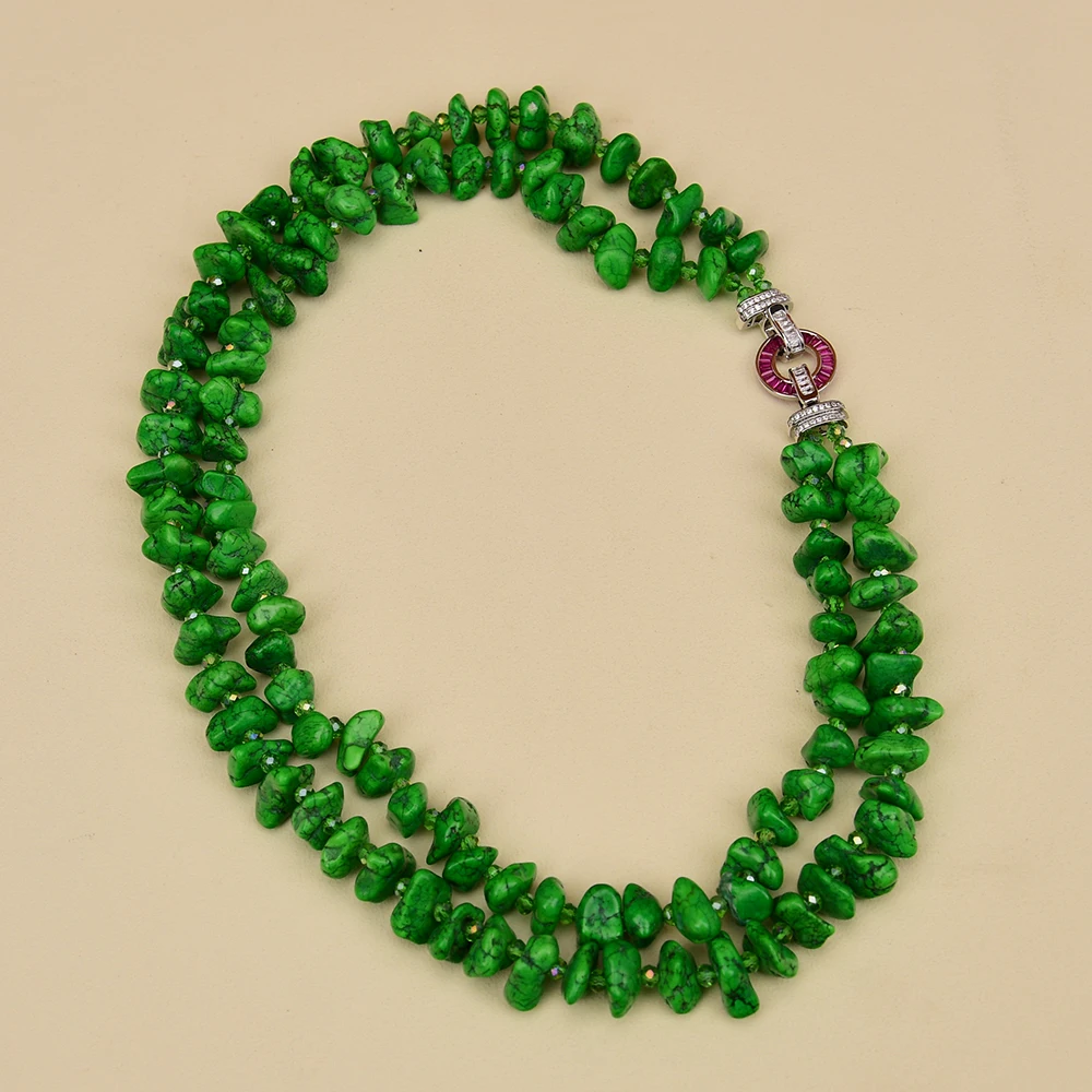 2 Rows Green Turquoise Freeform Nugget Crystal Necklace Cz Paved Circle Clasp