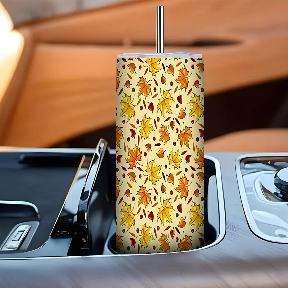 1pc Carnival And Independence Day 20Oz Insulated Stainless Steel Tumbler with Straw, Cartoon Autumn Maple Fall Leaves All-Over Print Water Cup, Suitable for Home Office Outdoor Travel Camping Driving Daily Drinking Use