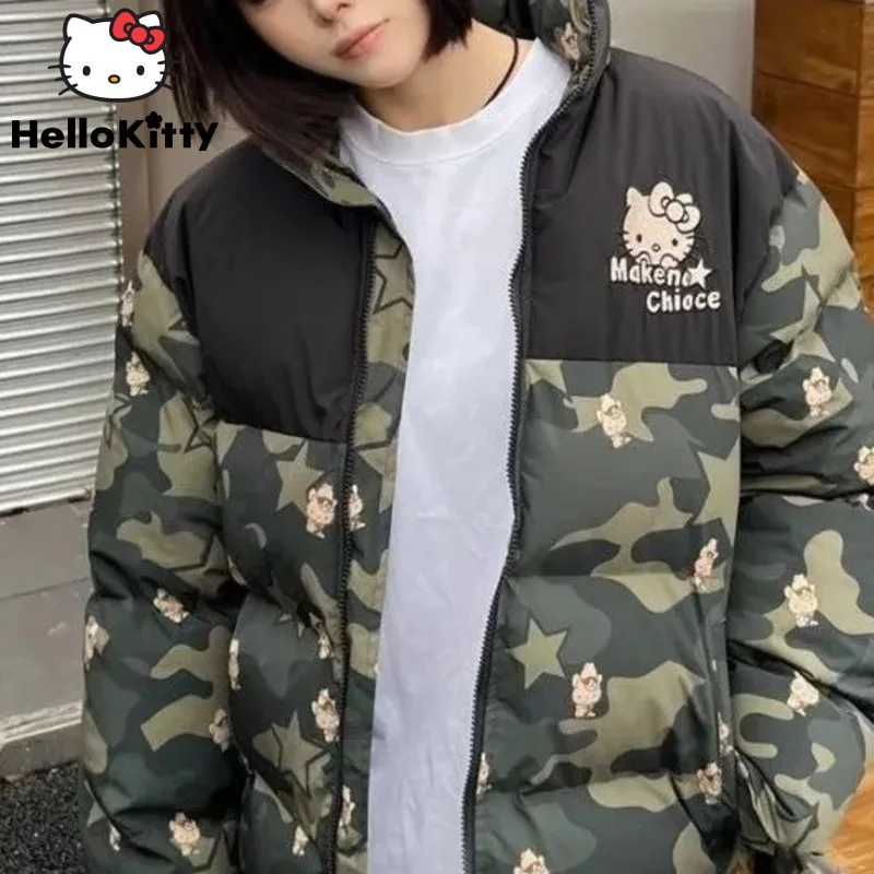 Sanrio hello kitty roupas nova estrela estilo americano solto outono inverno algodão acolchoado jaquetas mulheres camuflagem casaco na moda casal