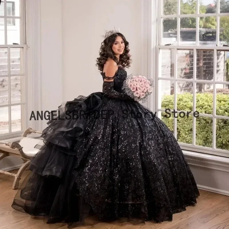 Angelsbridep Sparkly Black Quinceanera Dresses with Ruffles for Princess Lace-up Corset Sweet 16 Birthday Party Gowns NEW