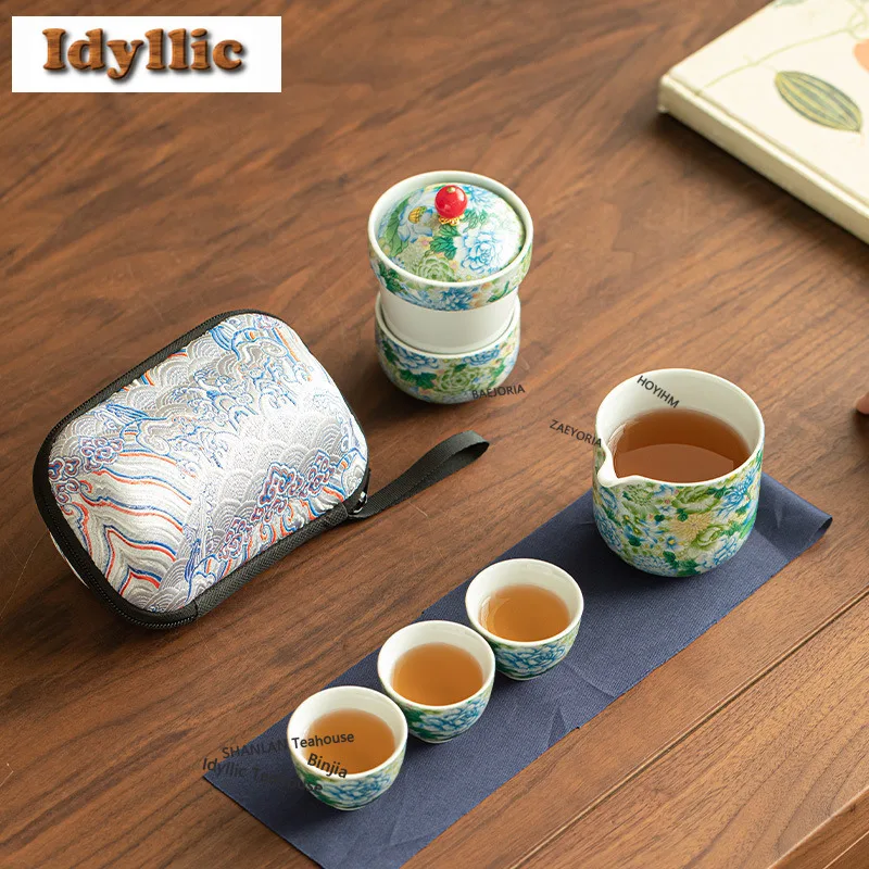 

Набор для путешествий с цветочным узором из эмали: чайник и 4 чашки ручной работы, органайзер для заваривания чая, портативная сумка для пикника