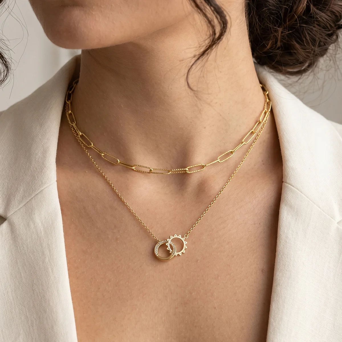Round Double Circle Pendant Necklaces Choker Jewelry Crystal Circle Pendant Necklace Zirconia Stainless Steel Fadeless Necklace