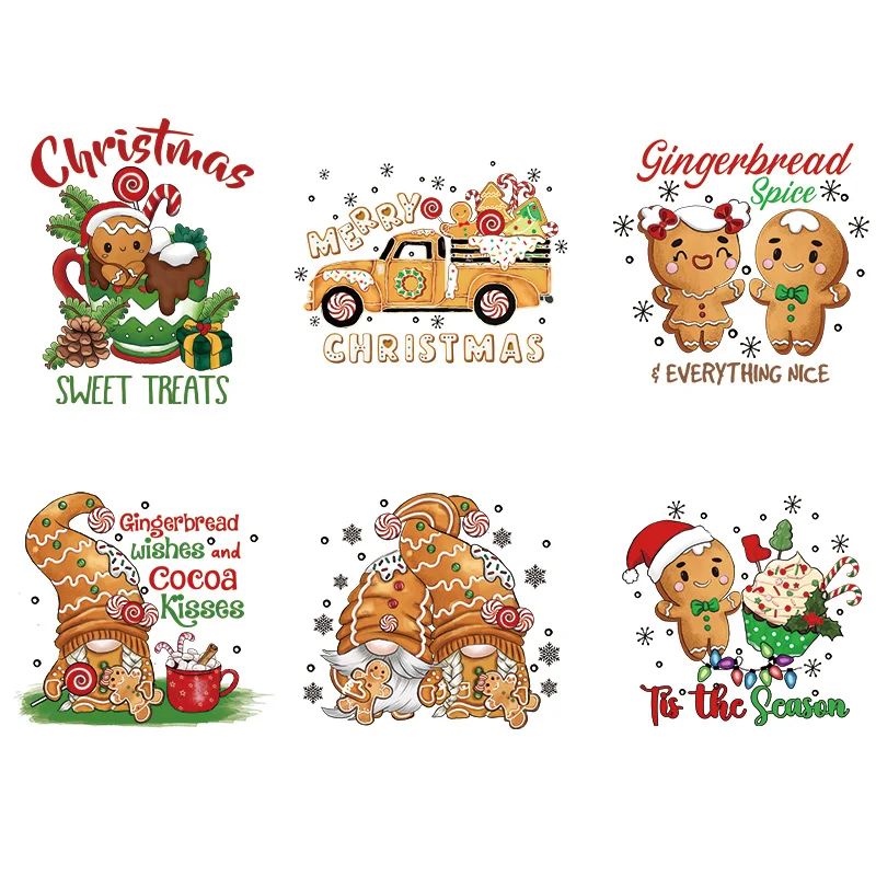 عيد الميلاد الكرتون الزنجبيل رجل الحديد على نقل للملابس تي شيرت سترة الحرارة DTF نقل بقع ملصقات الحرارة الحرارية