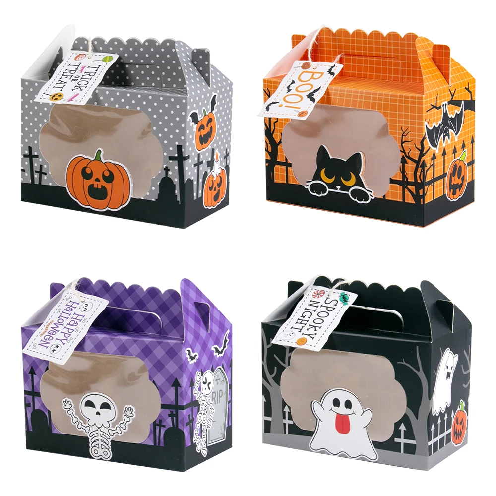 

4pcs Halloween Candy Gift Boxes Kraft Paper Trick or Treat box with Clear Window Tags happy Halloween party favors Baking Boxes