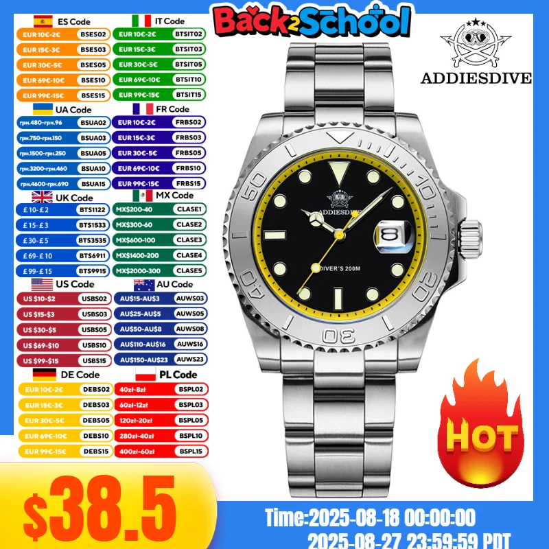 

ADDIESDIVE Men Luxury Fashion Watch AD2040 316L Stainless Steel 20Bar Waterproof BGW9 Blue Luminous Quartz Watch