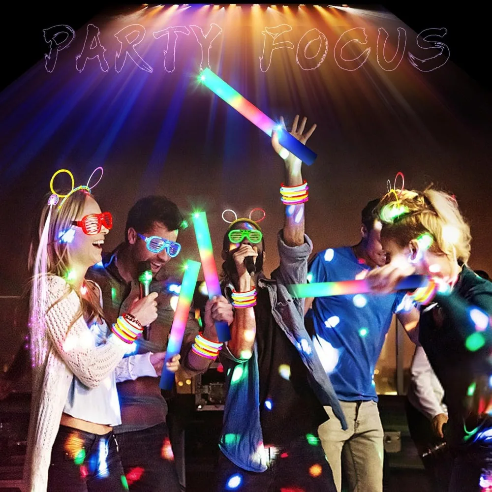 24 Foam Glow Sticks, 24 LED Glasses and 200 Glow Sticks ＆ Bracelets, 12 Glow Sticks Headband 12 Fiber Optic Hair Light