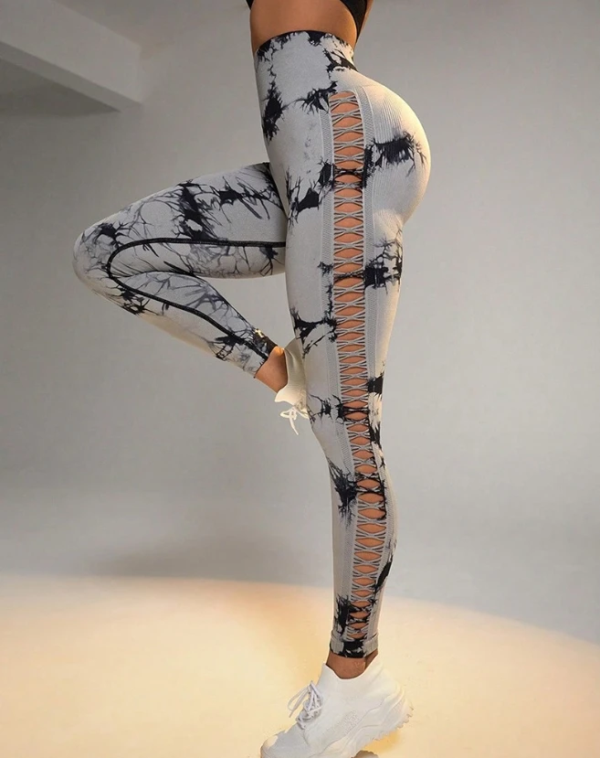 

2023 New Fashion Women's Pants Elegant Tie Dye Print Ladder Cutout Sports Yoga Leggings Female Trouser Casual Bottom