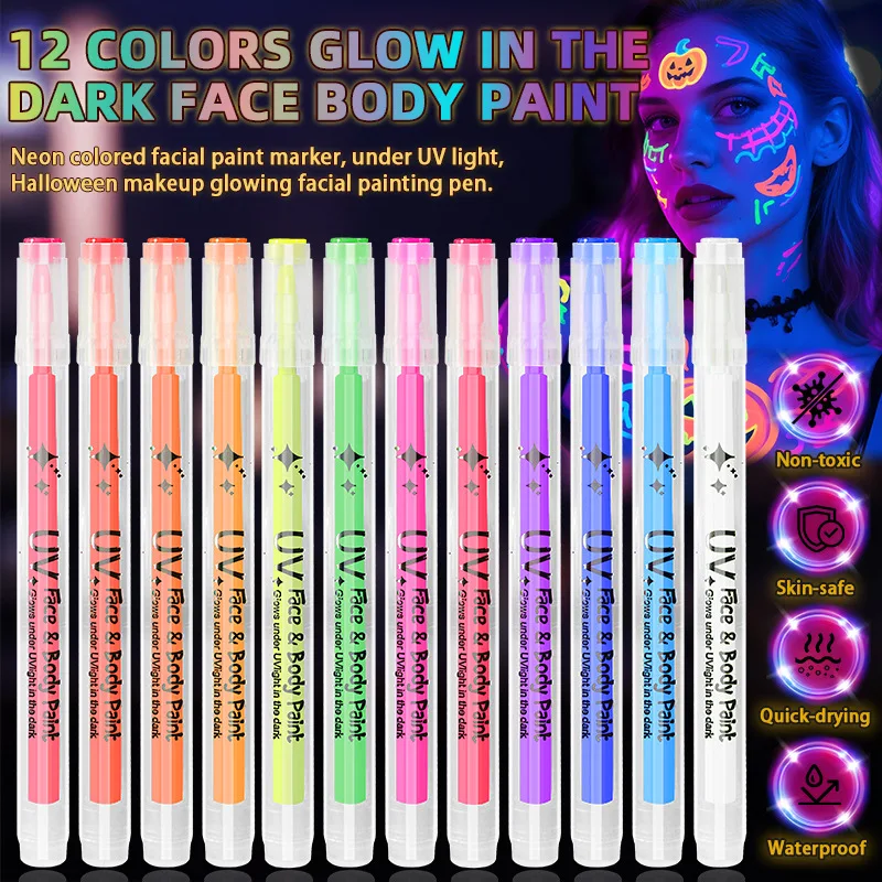 12 Colors Glow in the Dark Face Paint Pens, UV Neon Face and Body Paint Markers - Skin Safe, Neon Tattoo Markers, Music Festival