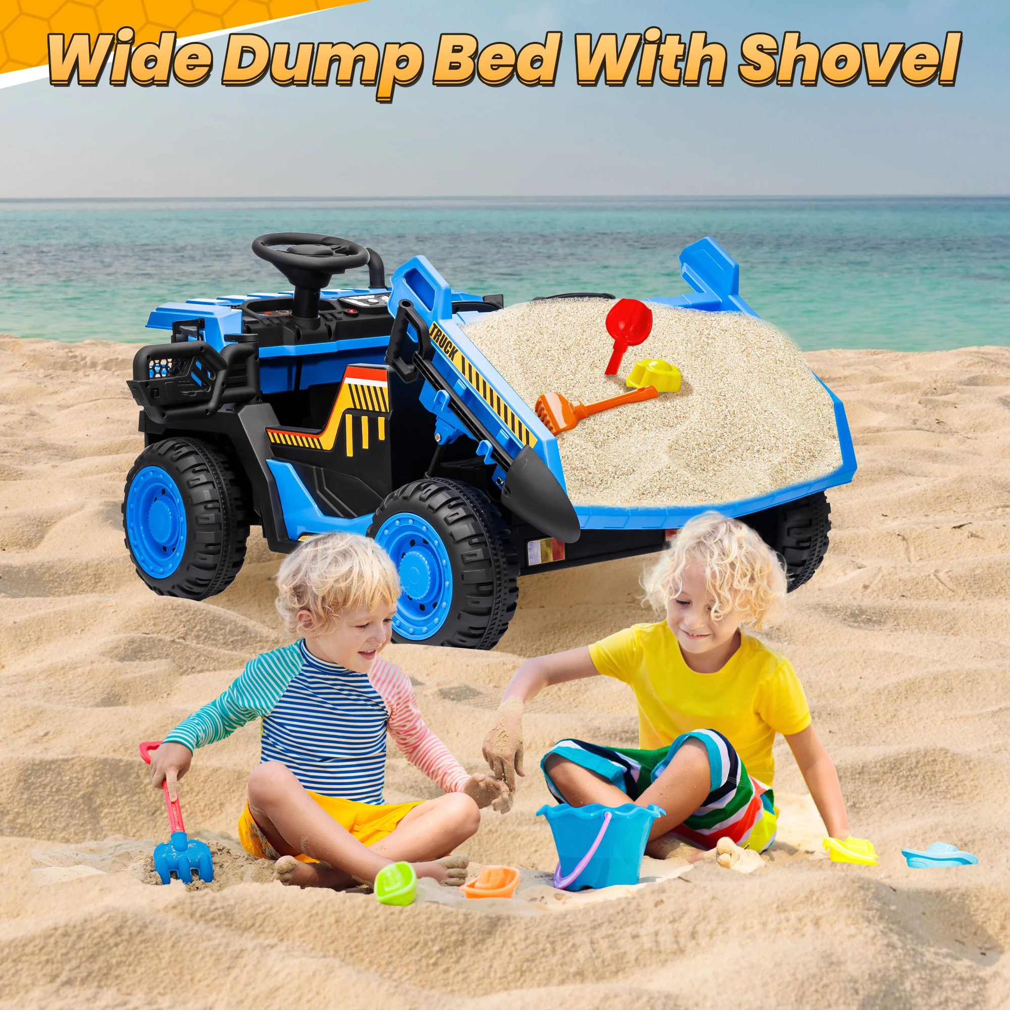 24V Ride on Toys w/Remote Control, 2 Seater 400W Ride on Dump Truck, Electric Powered Ride on w/Dump Bed, 3 Speeds, Shovel, Blue