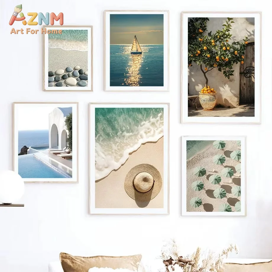 AZNM Beach Surfboard Little Yellow Duck Seaside View Vacation Sunbathing Poster  Canvas Painting Nordic Wall Art Home Room Decor