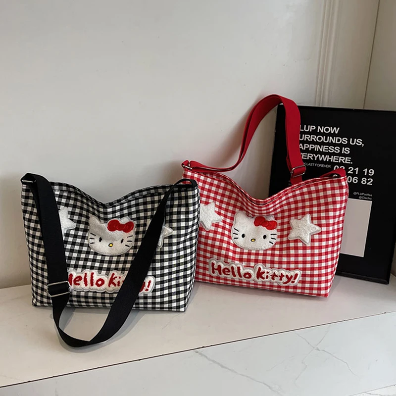 

Sanrio HelloKitty Cat Plaid Tote-большая холщовая сумка через плечо Kawaii, модная сумка через плечо в стиле аниме для школы, подарок для девочек