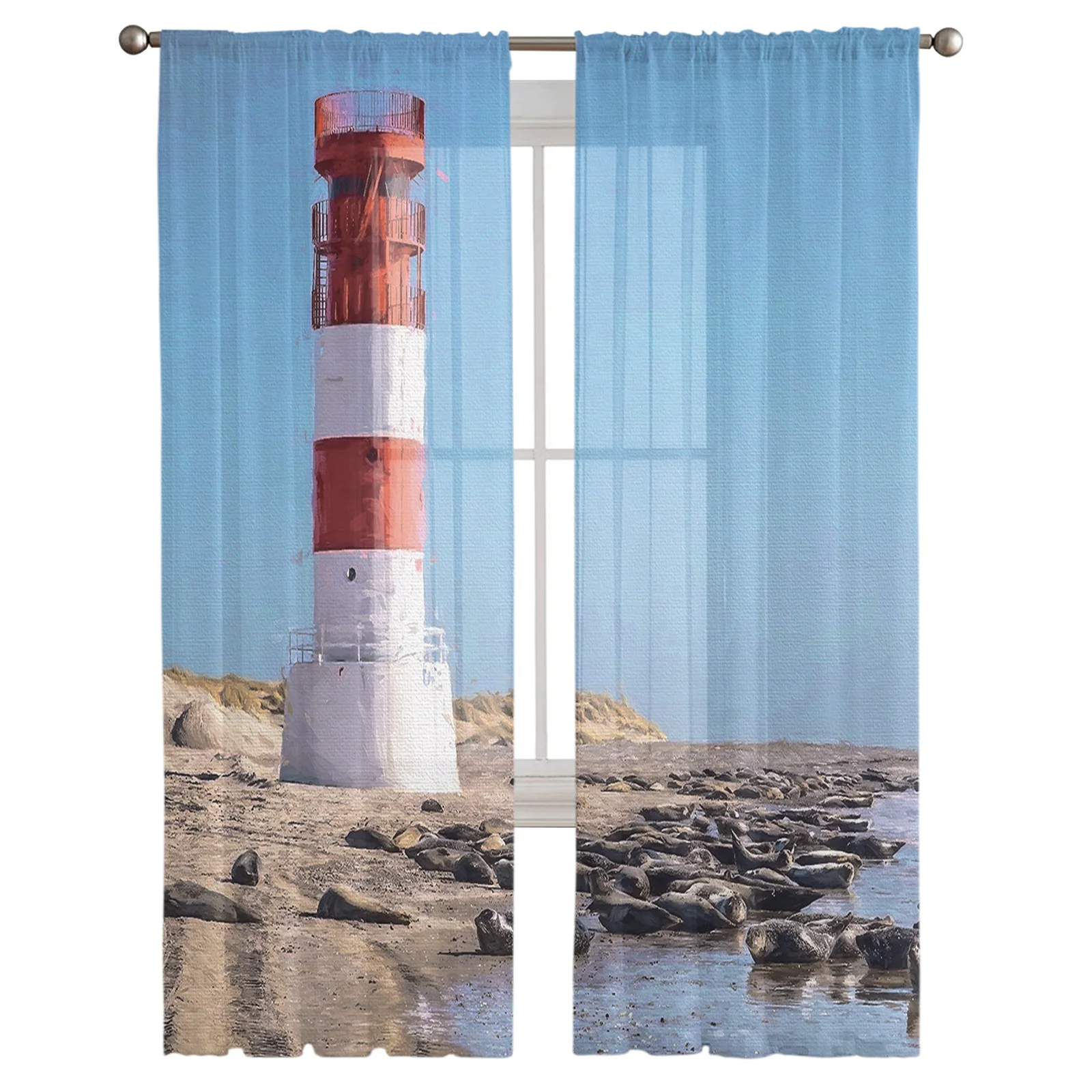 Seaside Red Lighthouse Chiffon Tulle Curtains for Bedroom Window Curtain Luxury Cafe Hotel Decor Home Living Room Sheer Drapes