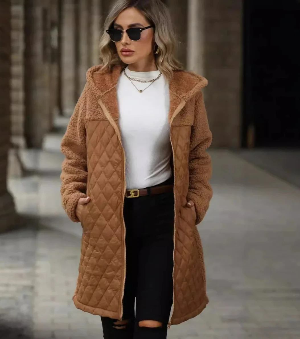 

Европейская и американская осенне-зимняя новая женская одежда, свободные однотонные плюшевые длинные пальто с капюшоном для женщин