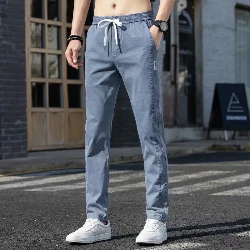 

Casual Men's Jeans Loose Straight Leg Dstring No Metal Securi Che Long Pants Youth Trendy Summer Autumn Denim Jeans