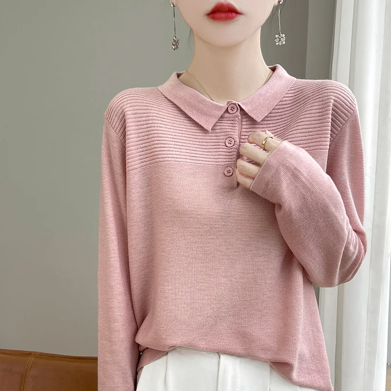 Autumn Winter Wool Worsted Sweater Women Elegent Turn-down Collar Sweater Button Long Sleeve Top Fashion Knit Female Pullover