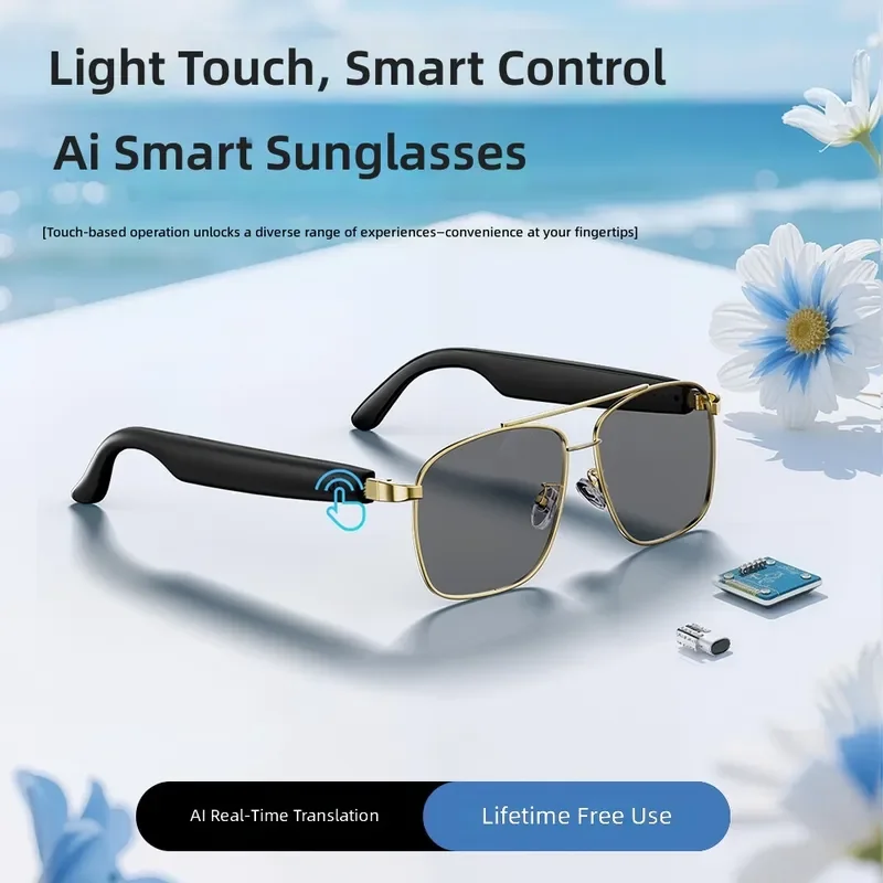AI Translation Smart Glasses Wireless Bluetooth Calling Stainless Steel Frame Double Beam Pilot Sunglasses for Men Women UV