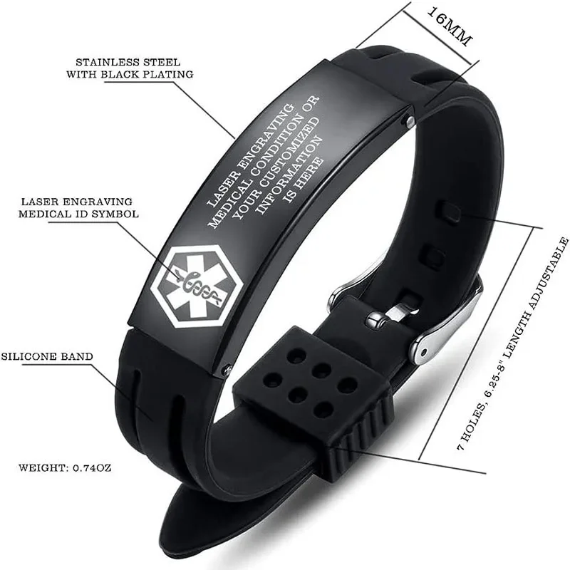 DIY Einstellbare Silikon Armbänder Freies Carving Männer Frauen Notfall Medizinische ID Alarm Sport Armreifen Mode Schmuck Zubehör – Detail 5