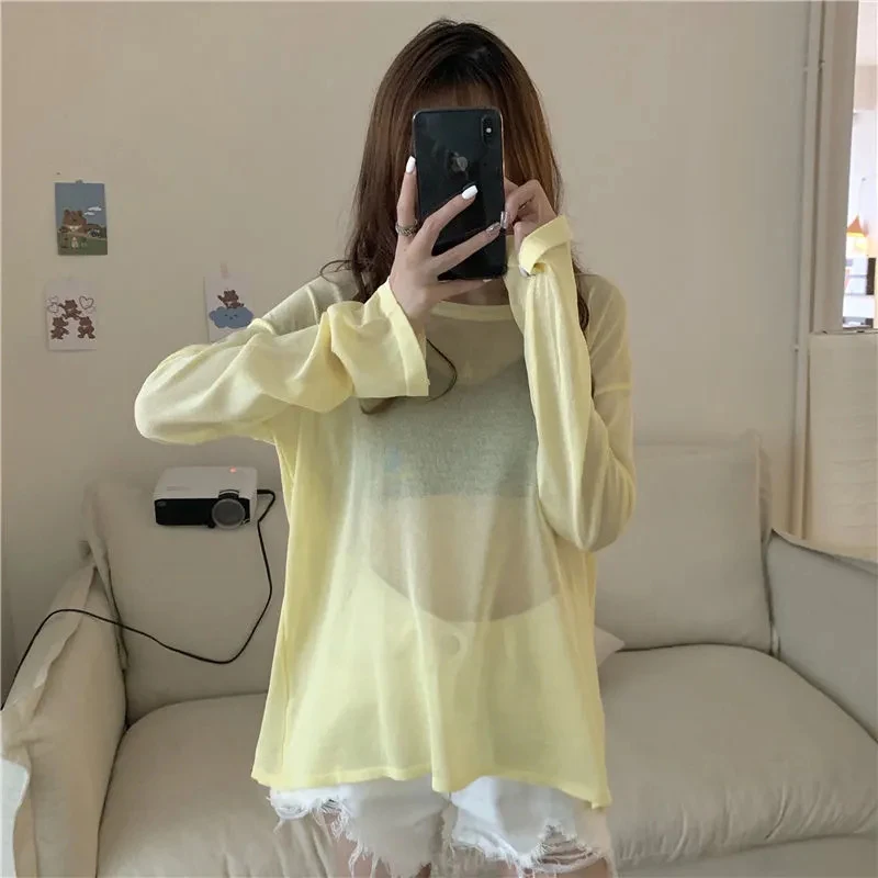 T Shirt Women White Korean Harajuku Streetwear Sunscreen Long Sleeve Top Thin Summer Casual Loose Solid All Match Mesh T Shirt