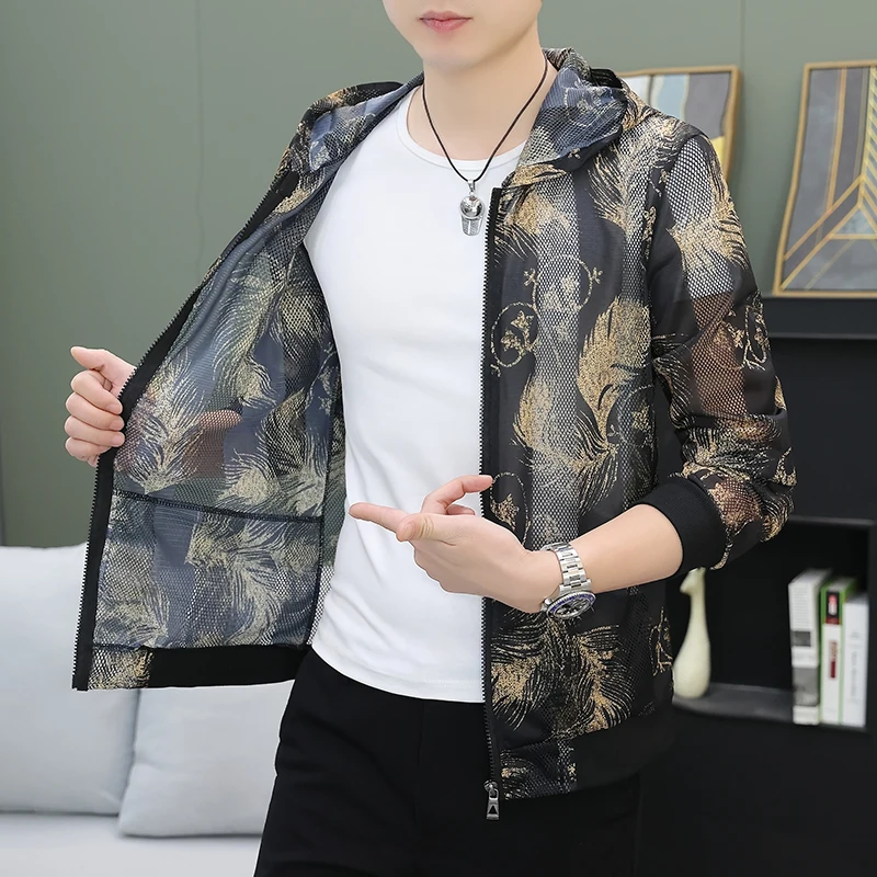Men's Ice Silk Lightweight Breathable Hollow out UV Protection Jacket Summer Fashionable Hooded Outerwear Polyester Fabric