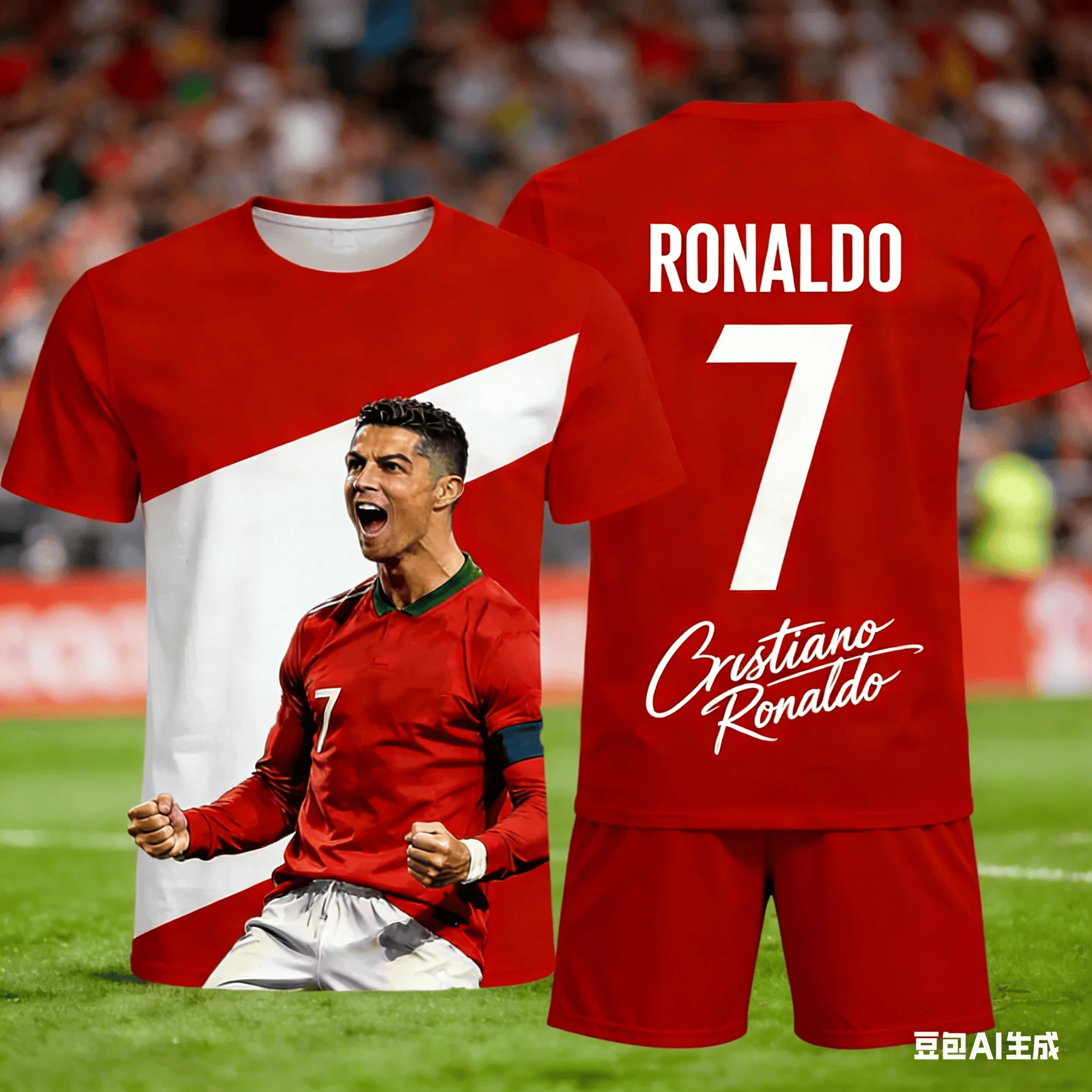 Summer Blue and White Bar #Ronaldo No.7# 3D Men's and Women's Training Sports Short Sleeved Shorts Jersey Set Birthday Gift Kids